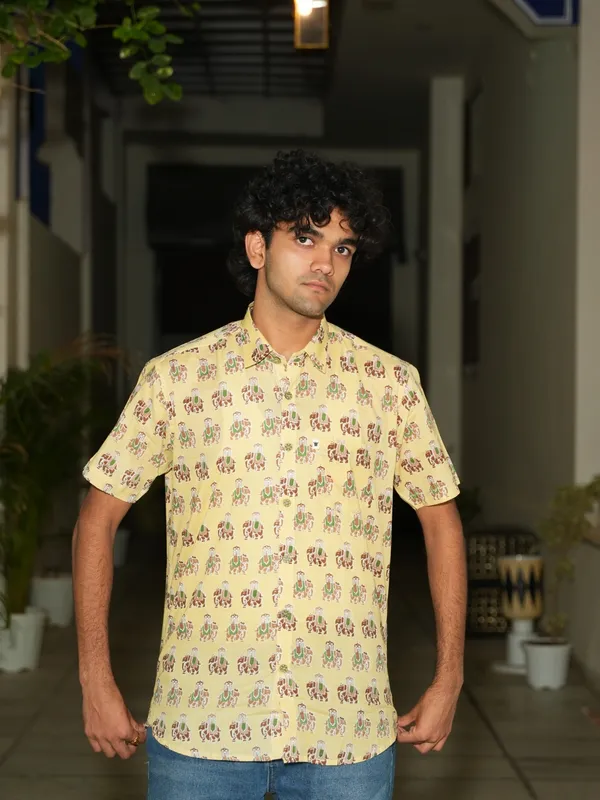 Jaipuri_Print_Yellow_Pure_Cotton_Hand_Block___Half_Sleeve_Shirt_For_Men