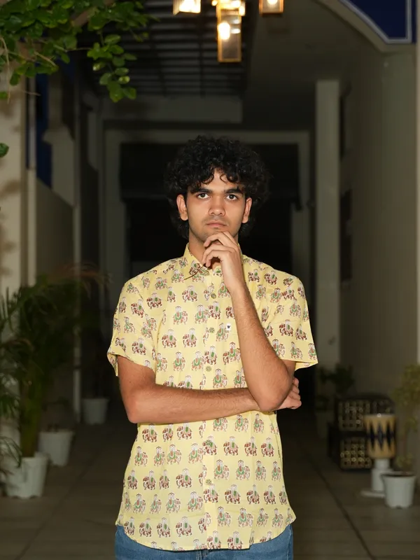 Jaipuri_Print_Yellow_Pure_Cotton_Hand_Block___Half_Sleeve_Shirt_For_Men