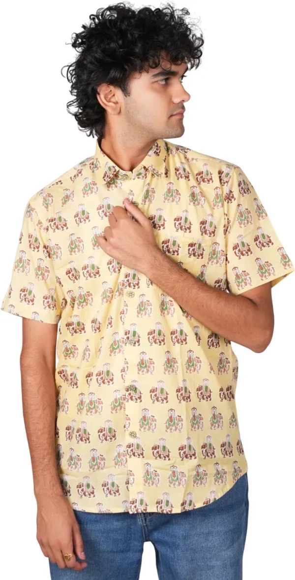 Jaipuri_Print_Yellow_Pure_Cotton_Hand_Block___Half_Sleeve_Shirt_For_Men