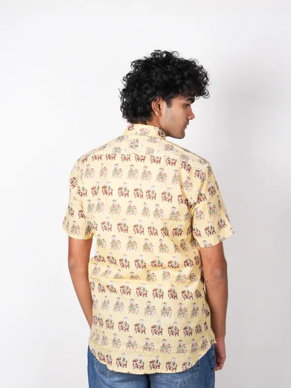 Jaipuri_Print_Yellow_Pure_Cotton_Hand_Block___Half_Sleeve_Shirt_For_Men
