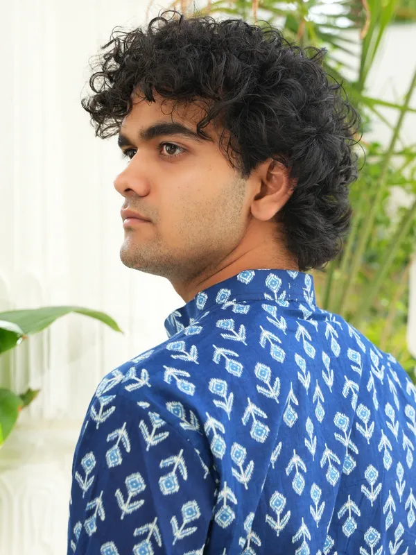 Jaipuri_Print_Blue_Pure_Cotton_Hand_Block___Full_Sleeve_Kurta_For_Men
