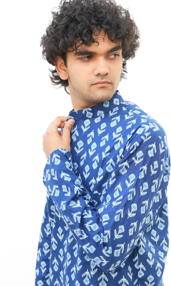 Jaipuri_Print_Blue_Pure_Cotton_Hand_Block___Full_Sleeve_Kurta_For_Men