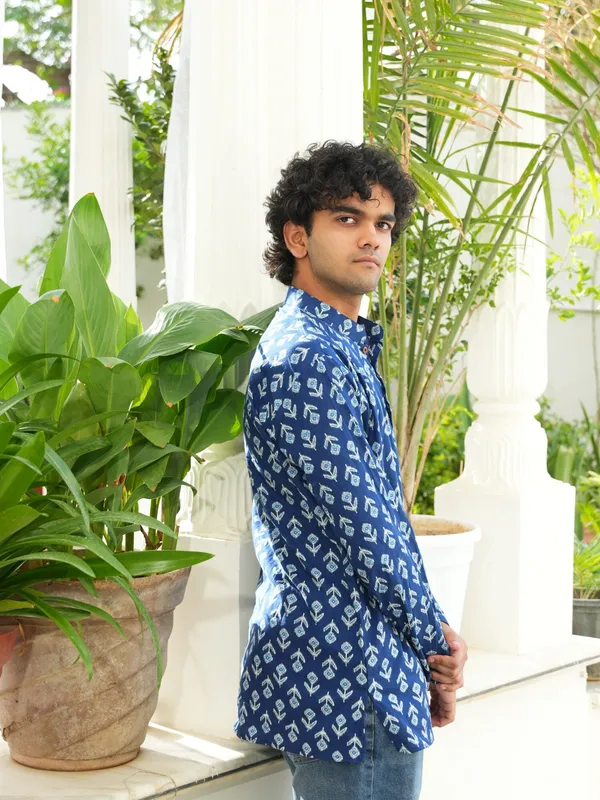 Jaipuri_Print_Blue_Pure_Cotton_Hand_Block___Full_Sleeve_Kurta_For_Men