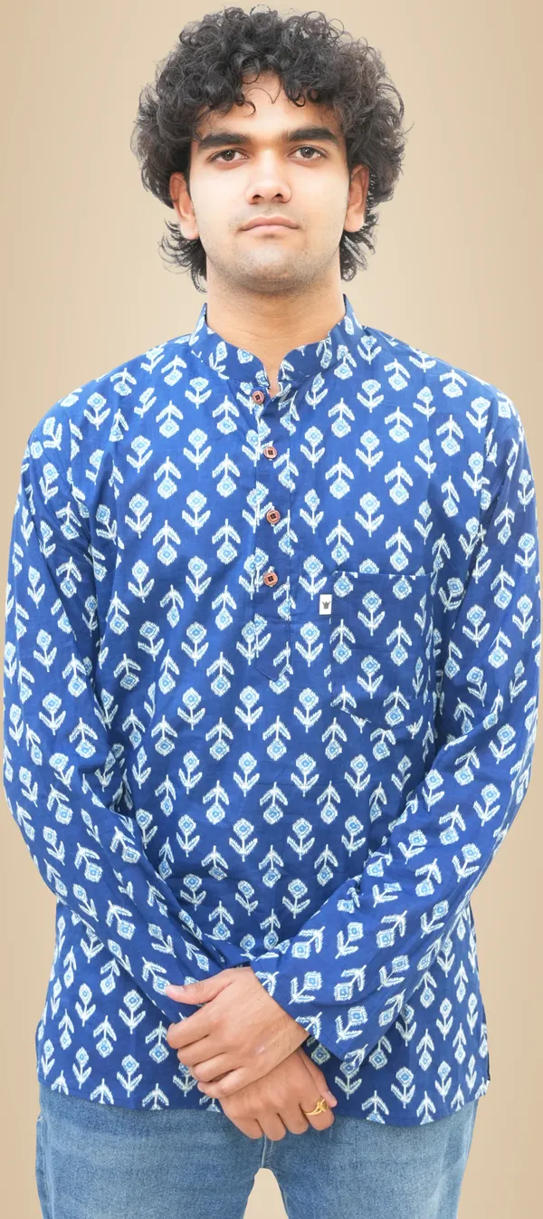Jaipuri_Print_Blue_Pure_Cotton_Hand_Block___Full_Sleeve_Kurta_For_Men