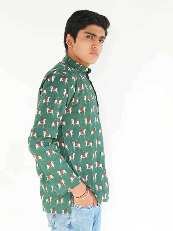 Jaipuri_Print_Dark_Green_Pure_Cotton_Hand_Block___Full_Sleeve_Kurta_For_Men