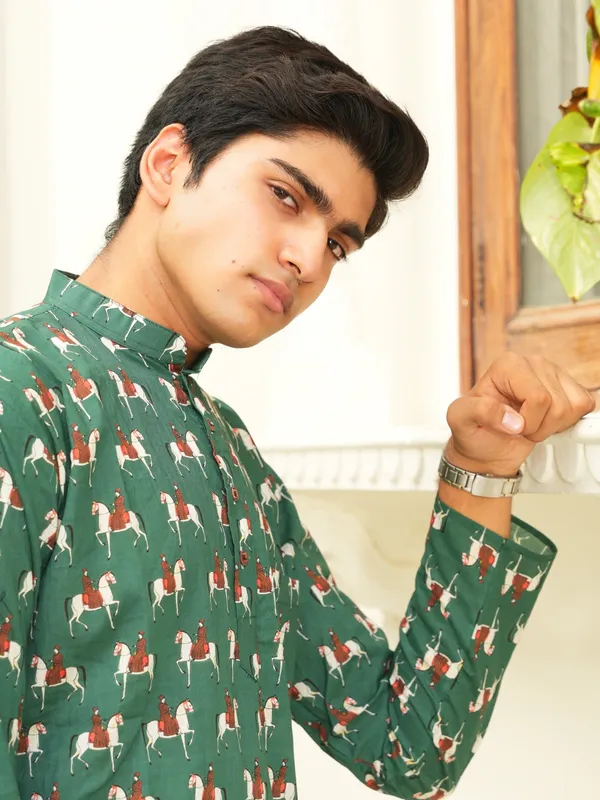 Jaipuri_Print_Dark_Green_Pure_Cotton_Hand_Block___Full_Sleeve_Kurta_For_Men