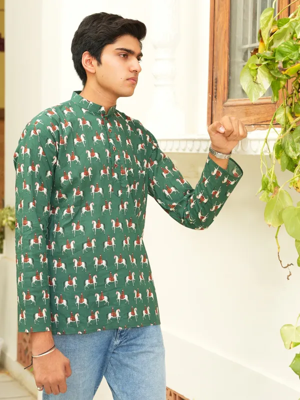 Jaipuri_Print_Dark_Green_Pure_Cotton_Hand_Block___Full_Sleeve_Kurta_For_Men