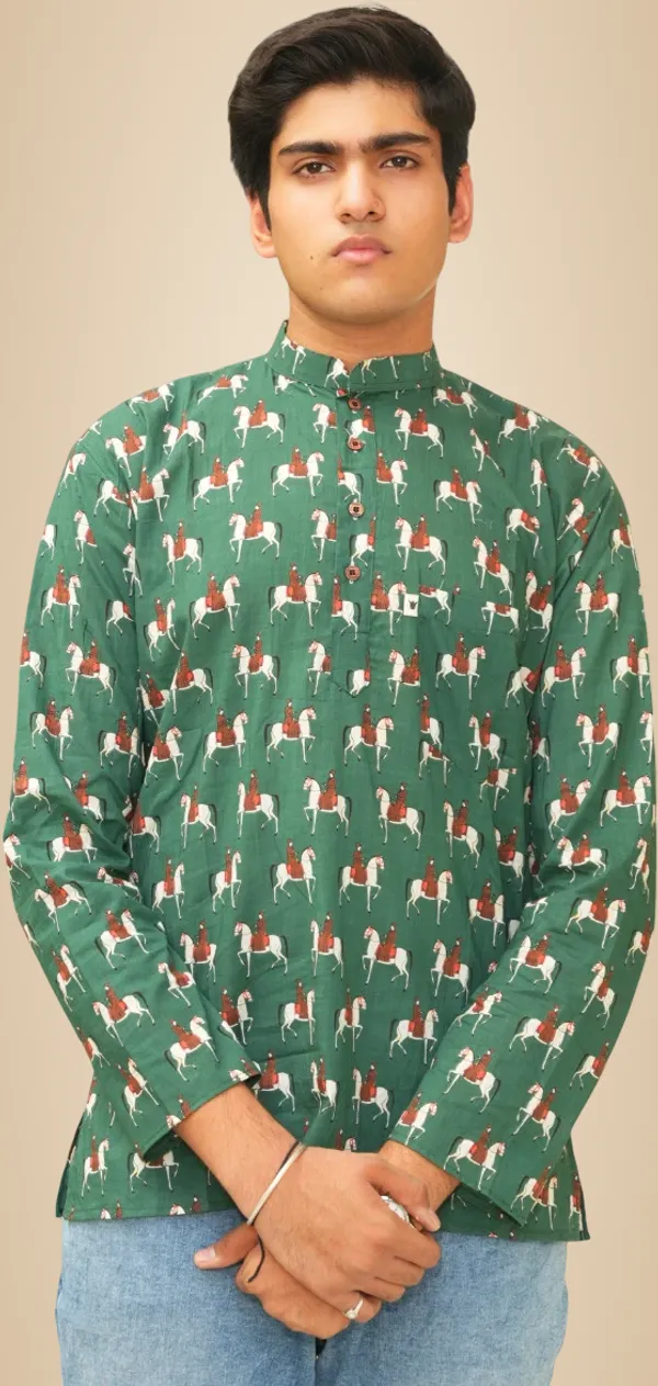 Jaipuri_Print_Dark_Green_Pure_Cotton_Hand_Block___Full_Sleeve_Kurta_For_Men
