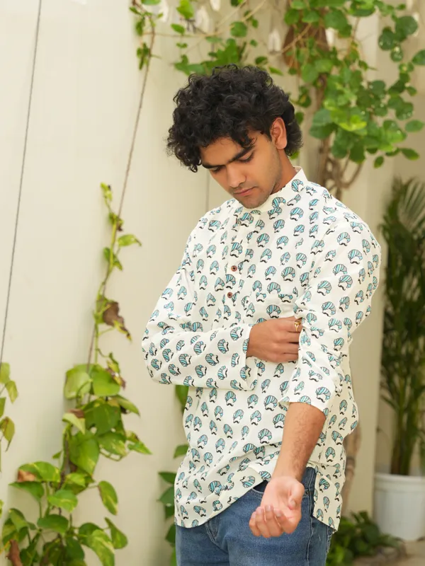 Jaipuri_Print_White_Pure_Cotton_Hand_Block___Full_Sleeve_Kurta_For_Men
