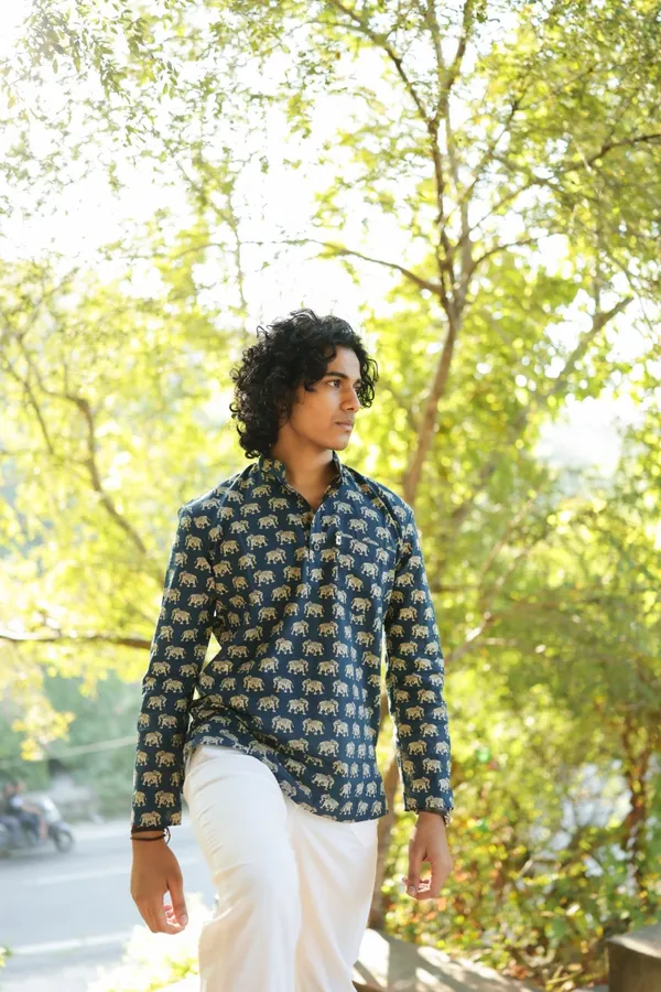 Jaipuri_Print_Blue_Pure_Cotton_Hand_Block___Full_Sleeve_Kurta_For_Men