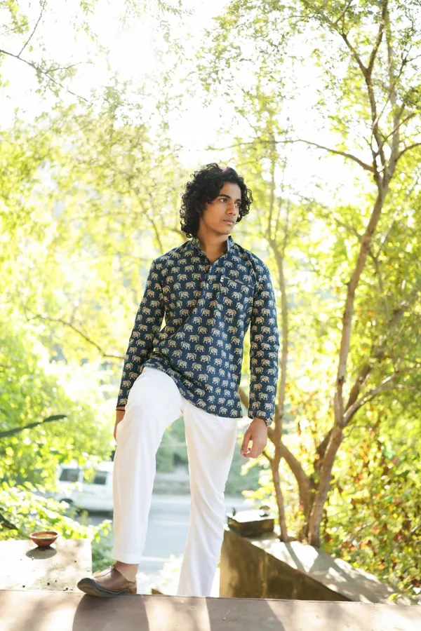 Jaipuri_Print_Blue_Pure_Cotton_Hand_Block___Full_Sleeve_Kurta_For_Men