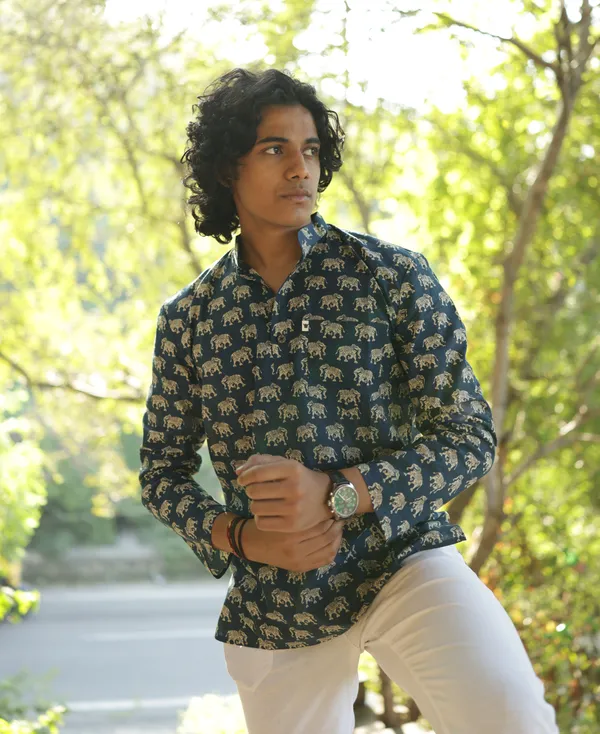 Jaipuri_Print_Blue_Pure_Cotton_Hand_Block___Full_Sleeve_Kurta_For_Men