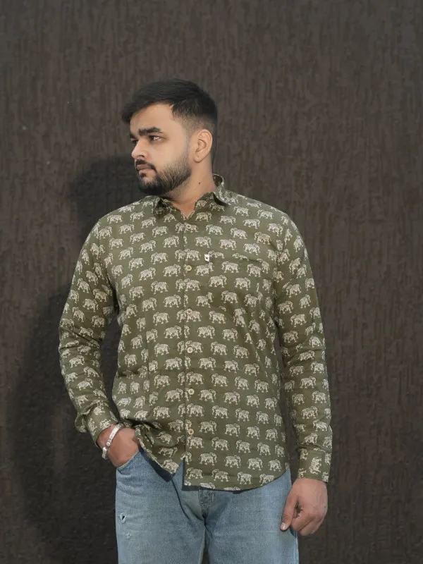 Jaipuri_Print__Green_Elephant_Cotton_Hand_Block_Full_Sleeve_Shirt