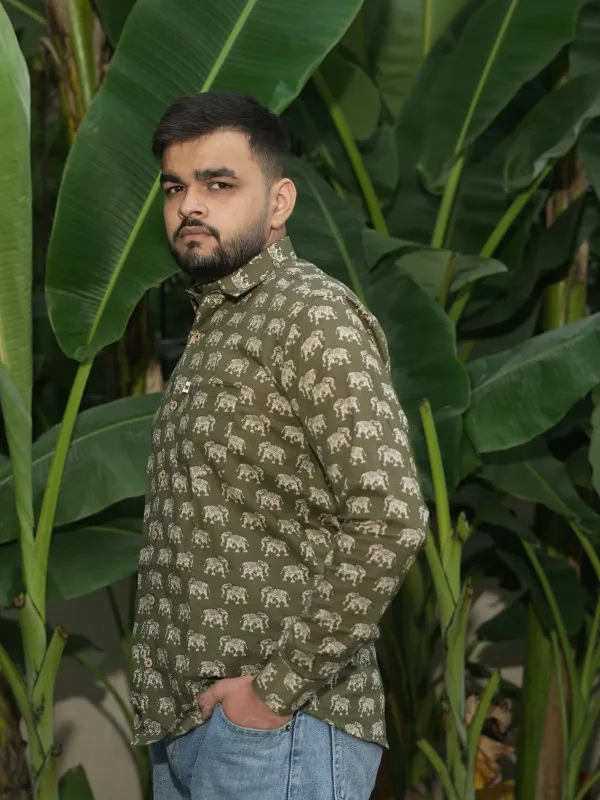 Jaipuri_Print__Green_Elephant_Cotton_Hand_Block_Full_Sleeve_Shirt
