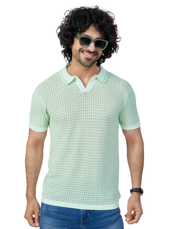 Sea_Blue_&_Light_Pista_Cotton_Checks_Premium_Flat_Knit_Polo_T-Shirt_For_Men