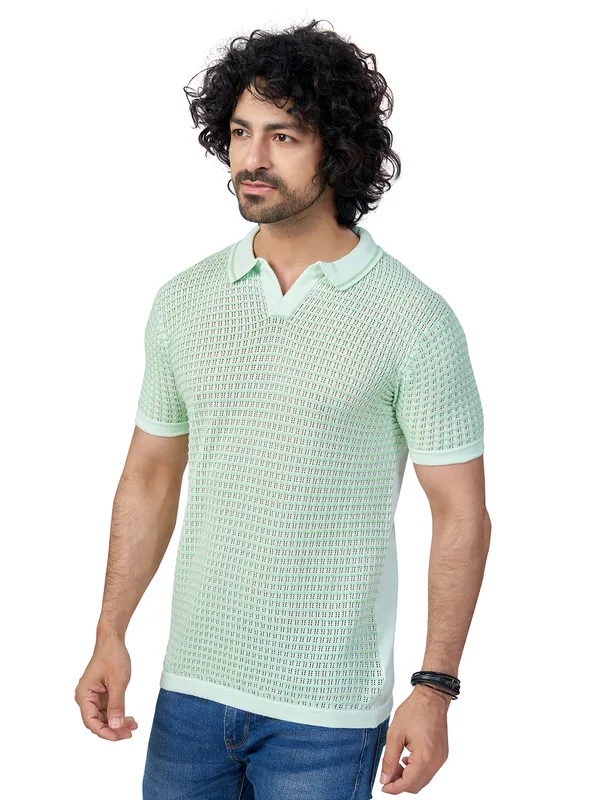 Sea_Blue_&_Light_Pista_Cotton_Checks_Premium_Flat_Knit_Polo_T-Shirt_For_Men