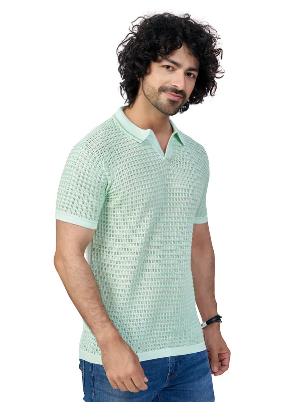Sea_Blue_&_Light_Pista_Cotton_Checks_Premium_Flat_Knit_Polo_T-Shirt_For_Men