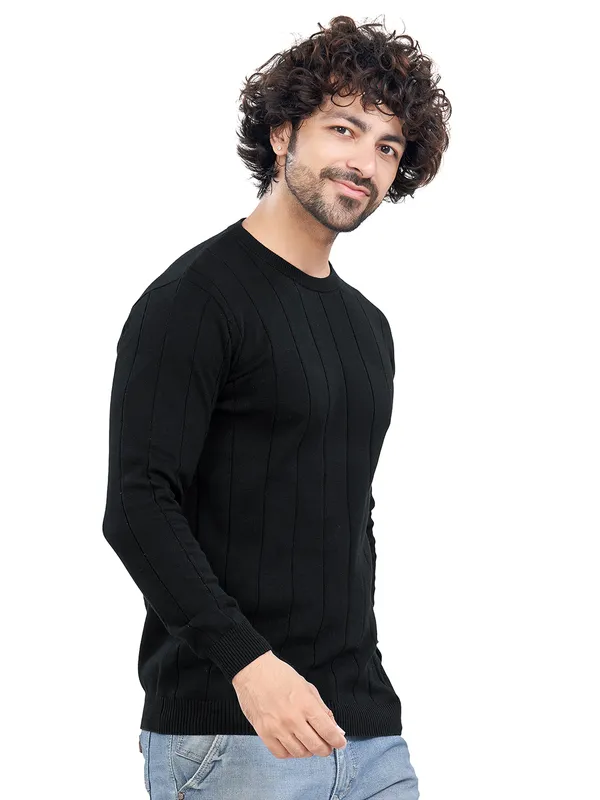 Black_Cotton_Striped_Premium_Flat_Knit_Round_Neck_T-Shirt_Full_Sleeves_For_Men