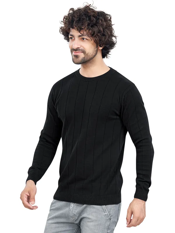 Black_Cotton_Striped_Premium_Flat_Knit_Round_Neck_T-Shirt_Full_Sleeves_For_Men