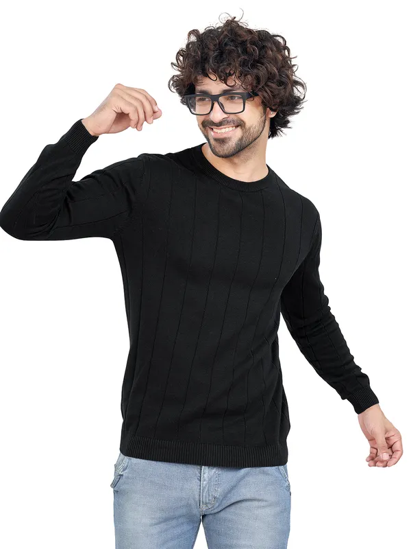 Black_Cotton_Striped_Premium_Flat_Knit_Round_Neck_T-Shirt_Full_Sleeves_For_Men