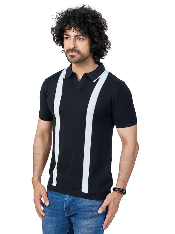 Black_&_White_Cotton_Premium_Flat_Knit_Mid_Stripe_Polo_T-Shirt_For_Men