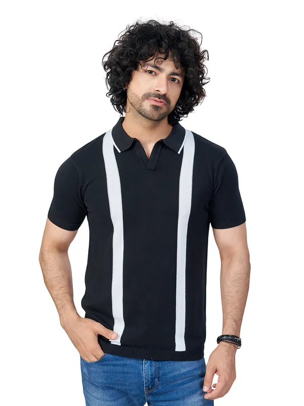 Black_&_White_Cotton_Premium_Flat_Knit_Mid_Stripe_Polo_T-Shirt_For_Men