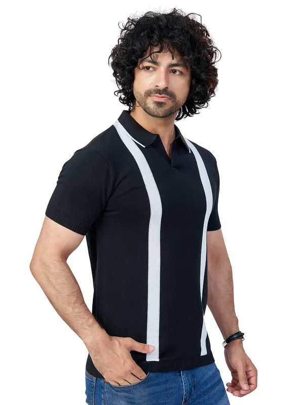 Black_&_White_Cotton_Premium_Flat_Knit_Mid_Stripe_Polo_T-Shirt_For_Men