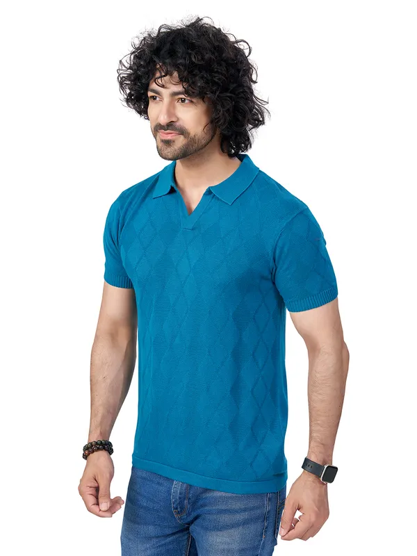 Teal_Blue_Cotton_Self_Premium_Flat_Knit_Polo_T-Shirt_For_Men