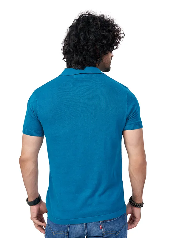 Teal_Blue_Cotton_Self_Premium_Flat_Knit_Polo_T-Shirt_For_Men