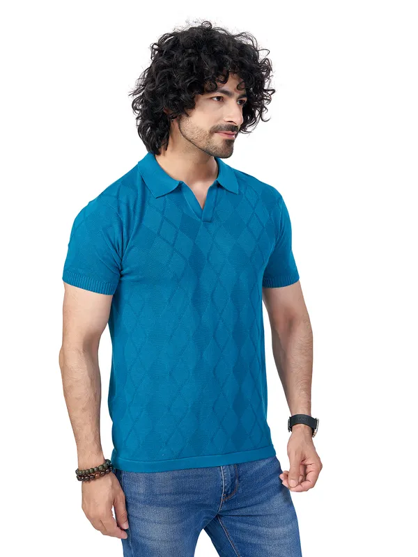 Teal_Blue_Cotton_Self_Premium_Flat_Knit_Polo_T-Shirt_For_Men