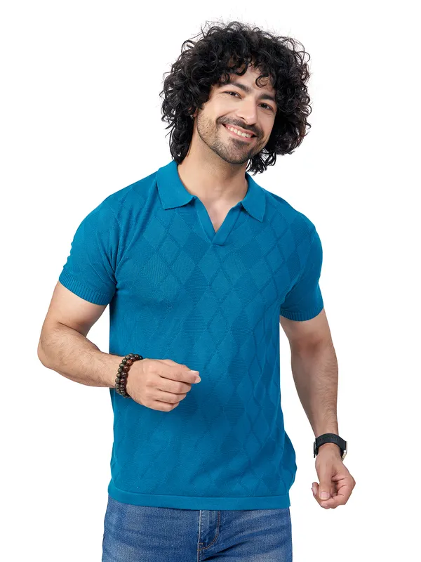 Teal_Blue_Cotton_Self_Premium_Flat_Knit_Polo_T-Shirt_For_Men
