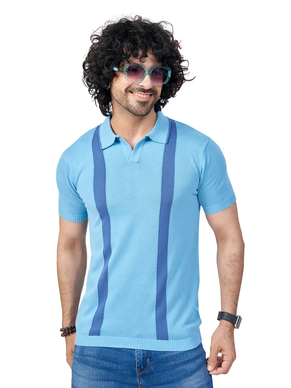 Sky_Blue_&_Light_Blue_Cotton_Premium_Flat_Knit_Mid_Stripe_Polo_T-Shirt_For_Men