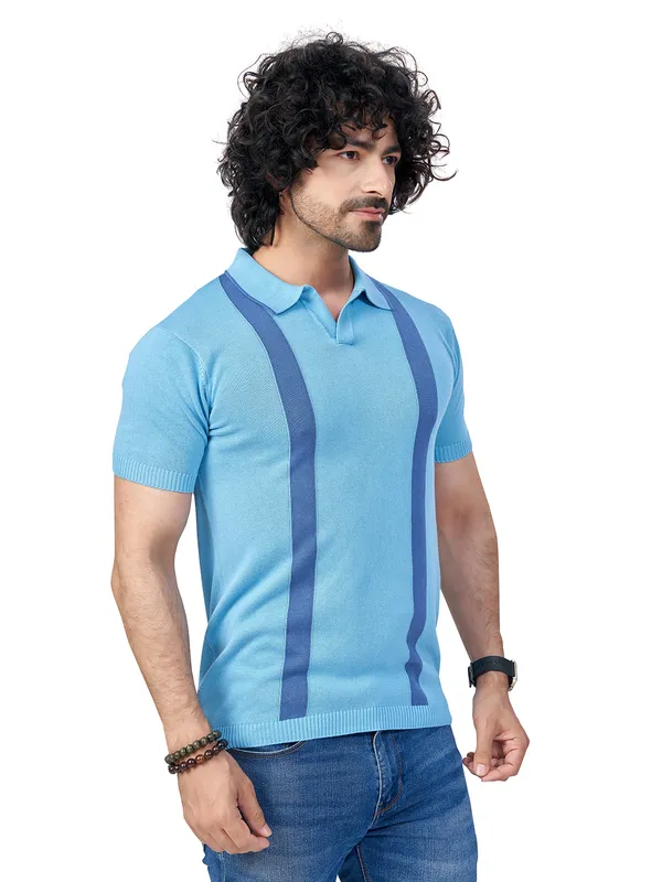 Sky_Blue_&_Light_Blue_Cotton_Premium_Flat_Knit_Mid_Stripe_Polo_T-Shirt_For_Men