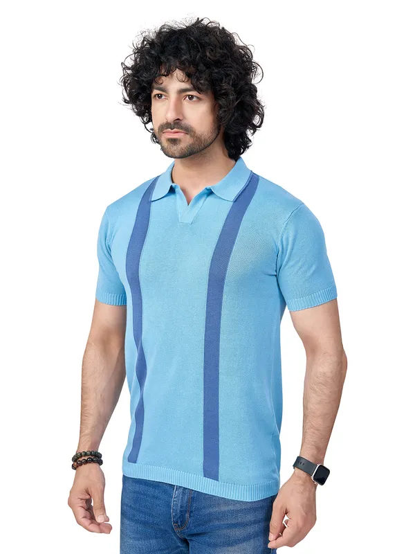 Sky_Blue_&_Light_Blue_Cotton_Premium_Flat_Knit_Mid_Stripe_Polo_T-Shirt_For_Men