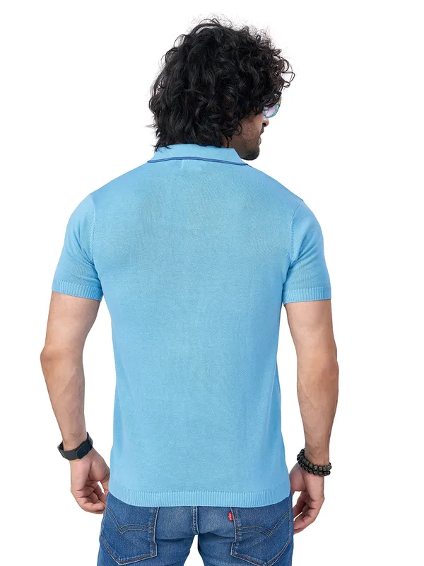 Sky_Blue_&_Light_Blue_Cotton_Premium_Flat_Knit_Mid_Stripe_Polo_T-Shirt_For_Men