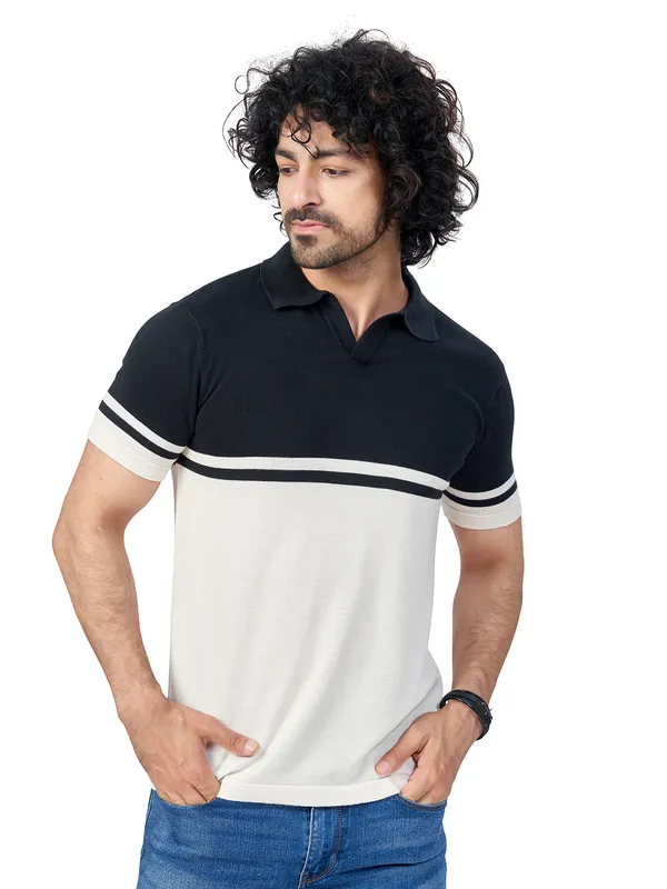 Black_&_Off_White_Cotton_Premium_Flat_Knit_Stripe_Polo_T-Shirt_For_Men