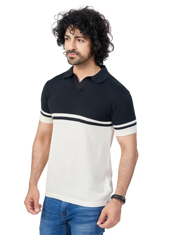 Black_&_Off_White_Cotton_Premium_Flat_Knit_Stripe_Polo_T-Shirt_For_Men