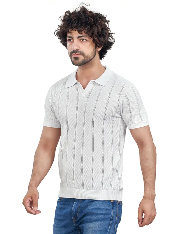 White_Cotton_Striped_Premium_Flat_Knit_Polo_T-Shirt_For_Men