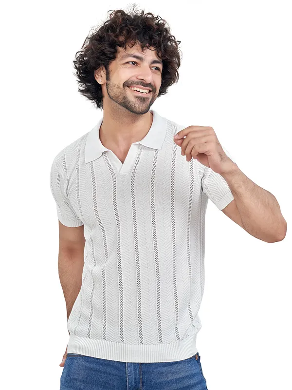 White_Cotton_Striped_Premium_Flat_Knit_Polo_T-Shirt_For_Men