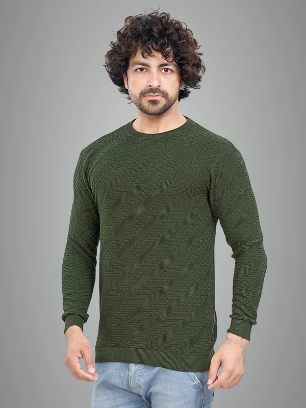 Olive_Cotton_Solid_Premium_Flat_Knit_Round_Neck_T-Shirt_Full_Sleeves_For_Men