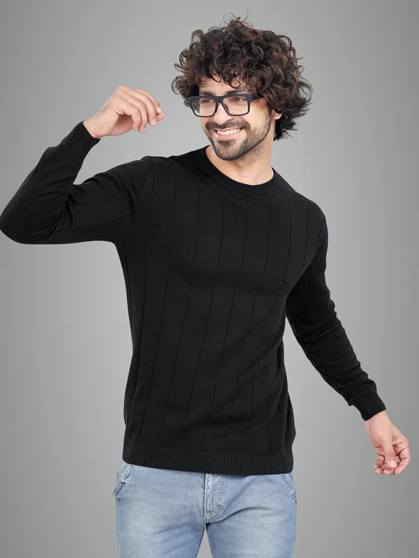 Black_Cotton_Striped_Premium_Flat_Knit_Round_Neck_T-Shirt_Full_Sleeves_For_Men