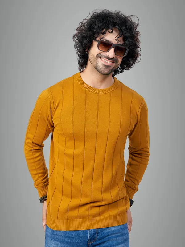 Mustard_Cotton_Striped_Premium_Flat_Knit_Round_Neck_T-Shirt_Full_Sleeves_For_Men