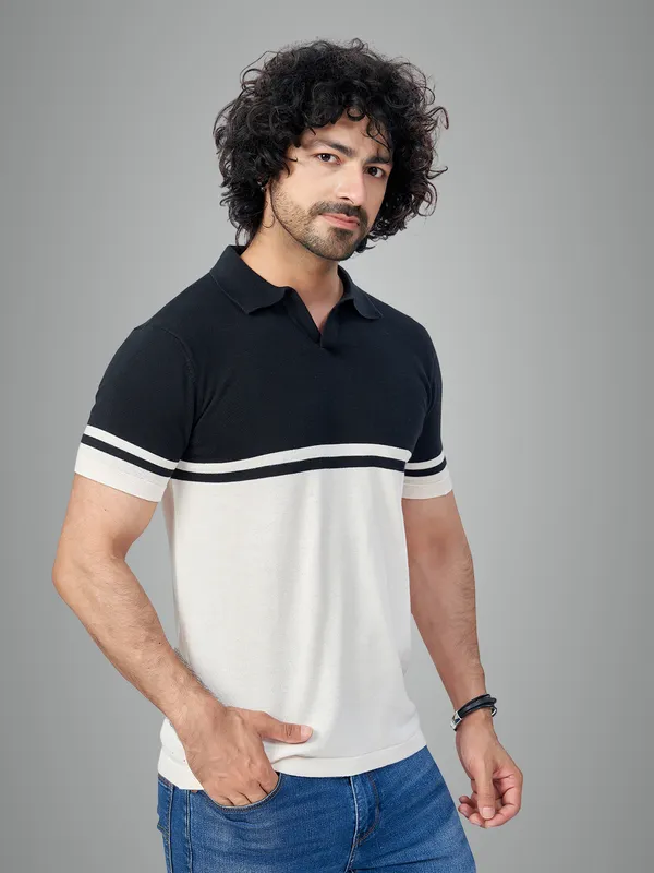 Black_&_Off_White_Cotton_Premium_Flat_Knit_Stripe_Polo_T-Shirt_For_Men