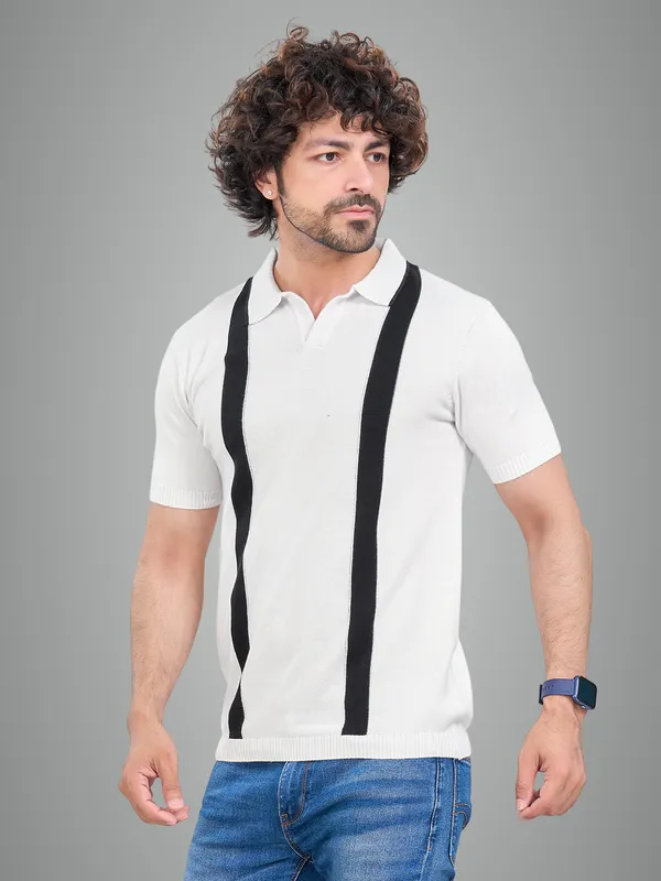 White_&_Black_Cotton_Premium_Flat_Knit_Mid_Stripe_Polo_T-Shirt_For_Men