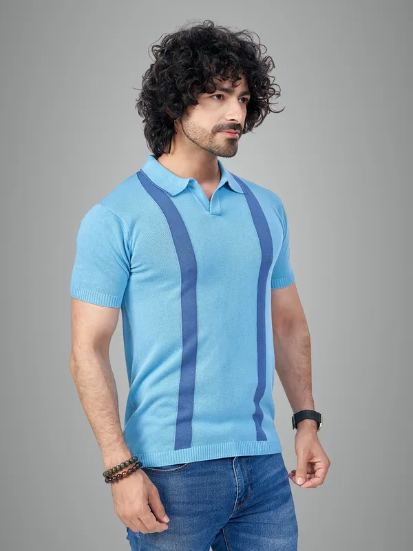 Sky_Blue_&_Light_Blue_Cotton_Premium_Flat_Knit_Mid_Stripe_Polo_T-Shirt_For_Men