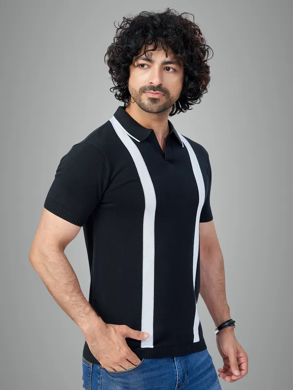 Black_&_White_Cotton_Premium_Flat_Knit_Mid_Stripe_Polo_T-Shirt_For_Men