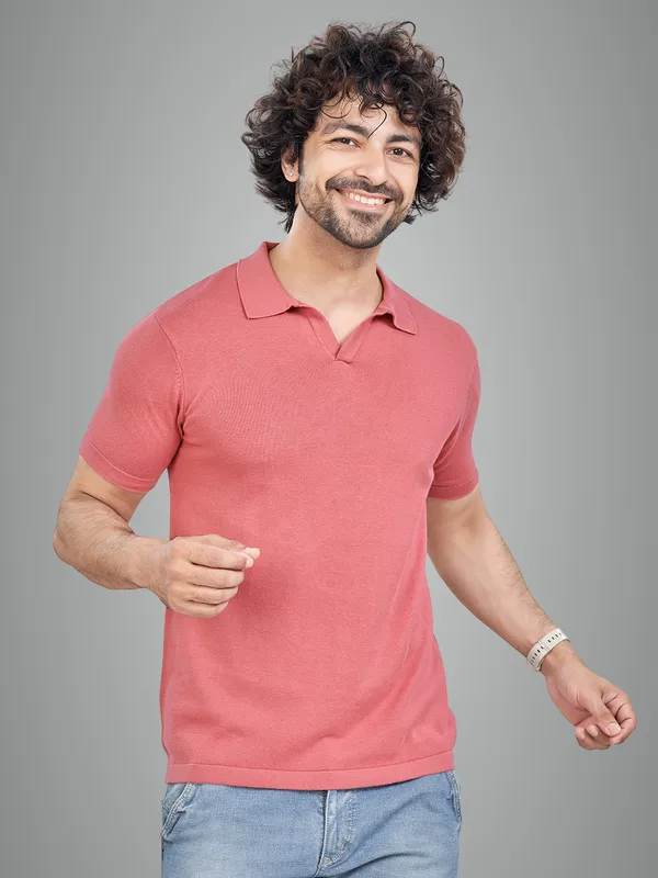 Pink_Cotton_Print_Solid_Premium_Flat_Knit_Polo_T-Shirt_For_Men