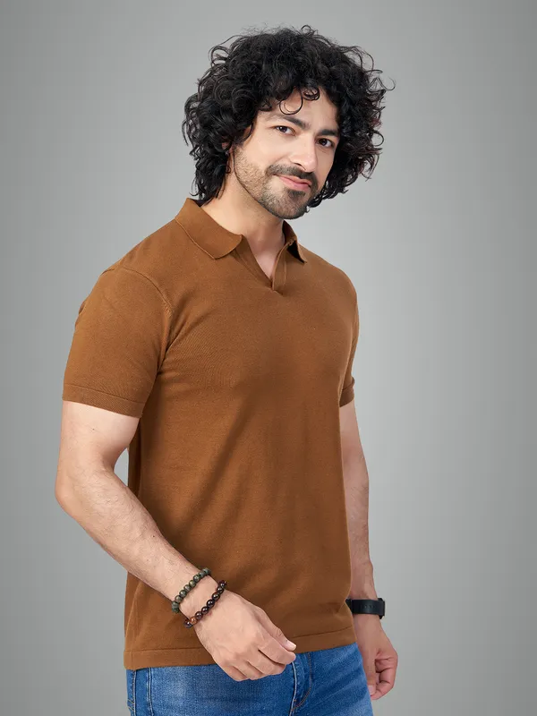 Brown_Cotton_Print_Solid_Premium_Flat_Knit_Polo_T-Shirt_For_Men