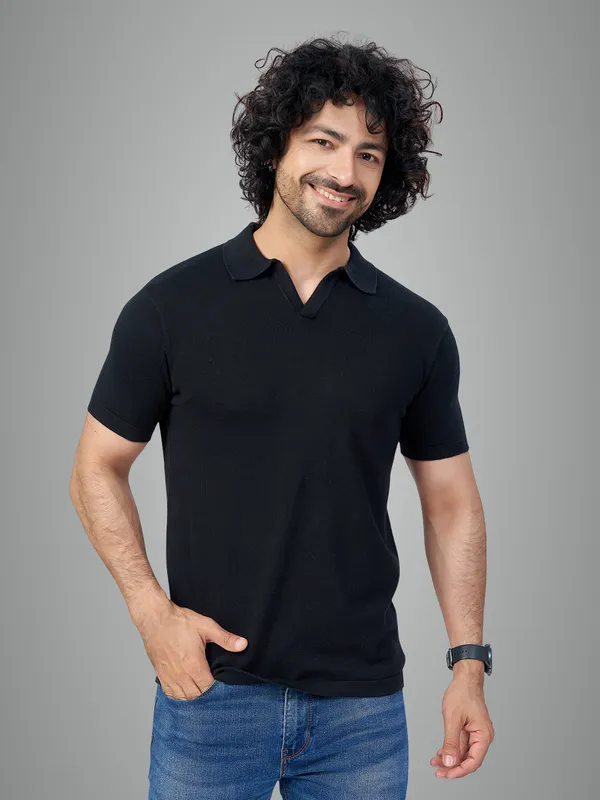 Black_Cotton_Print_Solid_Premium_Flat_Knit_Polo_T-Shirt_For_Men