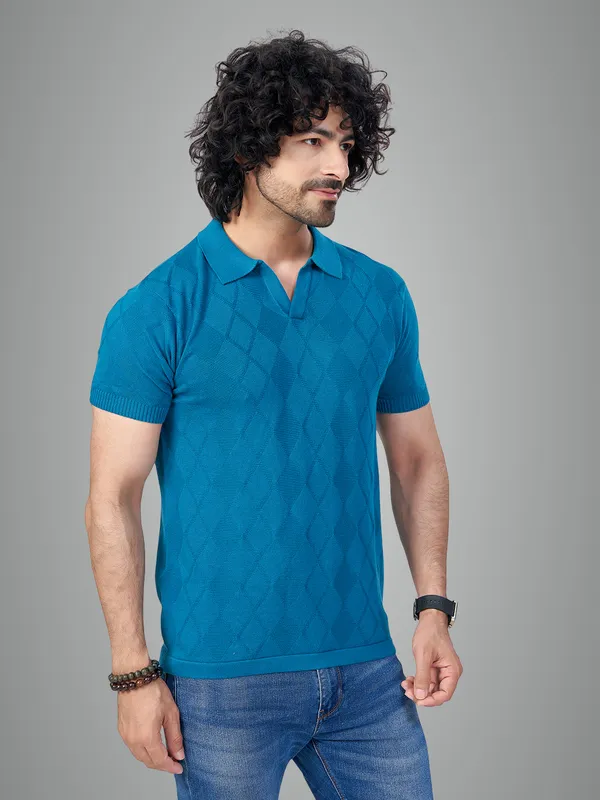 Teal_Blue_Cotton_Self_Premium_Flat_Knit_Polo_T-Shirt_For_Men